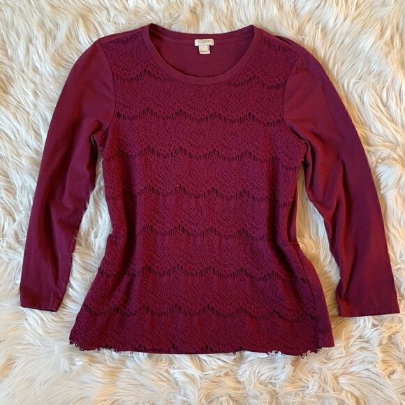 J. Crew Burgundy Crew Neck Pullover Lightweight Lace Top (Size: Small) - Picture 11 of 15